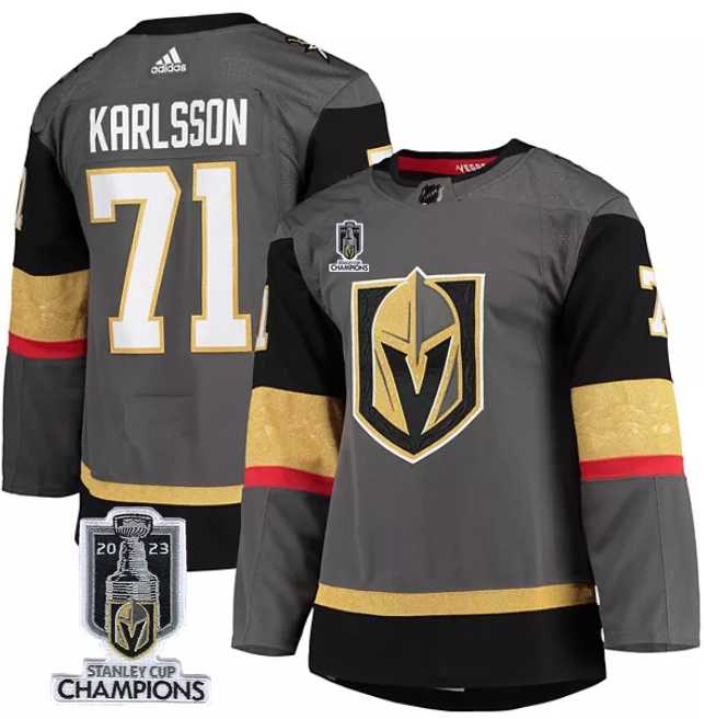 Men%27s Vegas Golden Knights #71 William Karlsson Gray 2023 Stanley Cup Champions Stitched Jersey->vegas golden knights->NHL Jersey